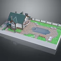 Cartoon Scene Featuring Cozy House With Green Roof Swimming Pool Stone Path Lawn And Fence