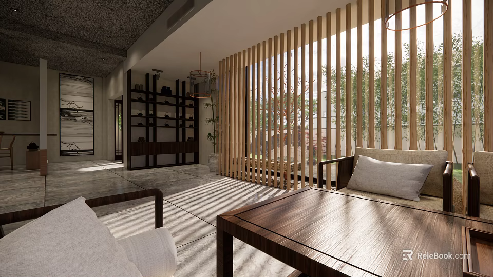 Modern Hotel Public Lounge Area With Wooden Slat Partition Natural Light And Comfortable Seating 3d model 