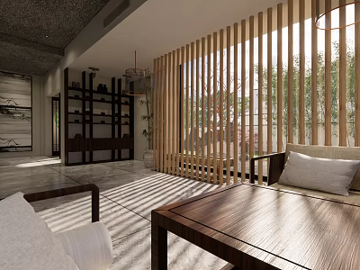 Modern Hotel Public Lounge Area With Wooden Slat Partition Natural Light And Comfortable Seating 3d model