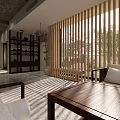 Modern Hotel Public Lounge Area With Wooden Slat Partition Natural Light And Comfortable Seating