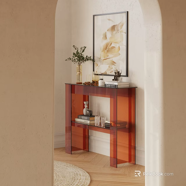 Stylish Red Acrylic Shelf Unit With Plant Books And Decorative Items In Corner 3d model 