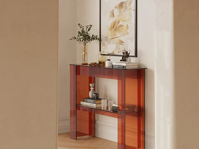 Stylish Red Acrylic Shelf Unit With Plant Books And Decorative Items In Corner 3d model