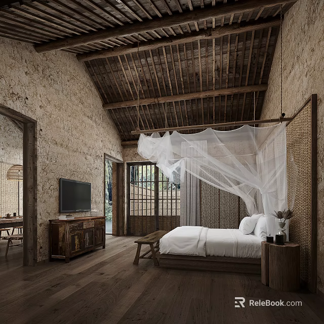 Rustic Guesthouse Architecture With Stone Walls Wooden Beam Roof And White Mosquito Net Bed 3d model 