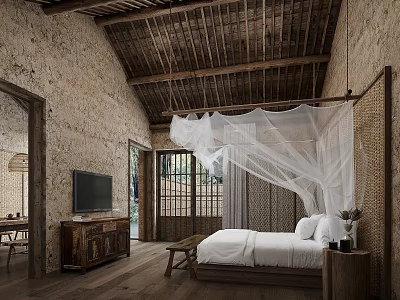 Rustic Guesthouse Architecture With Stone Walls Wooden Beam Roof And White Mosquito Net Bed 3d model