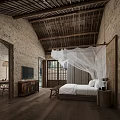 Rustic Guesthouse Architecture With Stone Walls Wooden Beam Roof And White Mosquito Net Bed