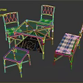 Rattan Dining Set with Green Tabletop Blue White Checkered Cushions Chairs and Stool