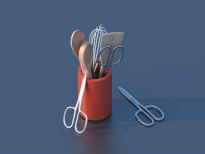 Essential Kitchen Utensils in Red Container with Spoon Whisk and Scissors 3d model
