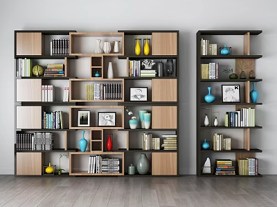 Modern Wooden Bookshelf with Multiple Shelves Decorative Vases Photo Frames and Books 3d model