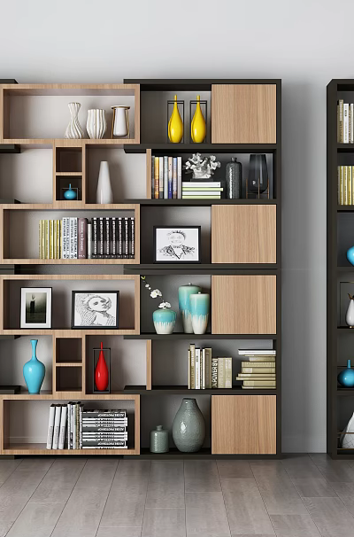 Modern Wooden Bookshelf with Multiple Shelves Decorative Vases Photo Frames and Books 3d model