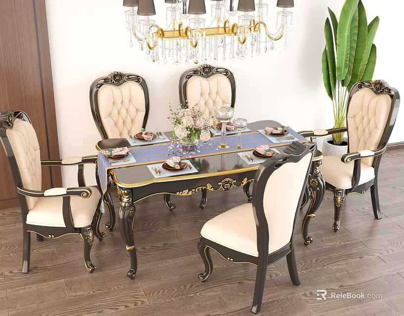 Elegant Carved Dining Table Set With Gold Accents Chandelier And Green Plant 3d model 