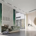 Modern Reception Area With Marble Desk Green Wall Gray Stone Elements And Sculpture 3d model