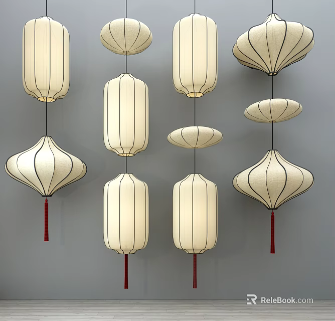 Various White Lantern Style Chandeliers Featuring Red Tassels and Different Shapes Design Collection 3d model 