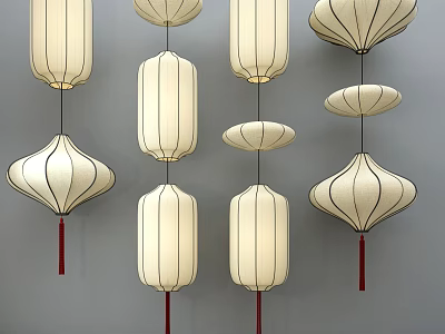 Various White Lantern Style Chandeliers Featuring Red Tassels and Different Shapes Design Collection 3d model