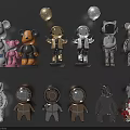 Stylish Dolls Collection Featuring Bear Astronaut Cat Shapes Gold Silver Transparent Materials And Decorative Balloons