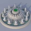 Elegant Garden Ornament Fountain with Surrounding White Statues and Central Green Top