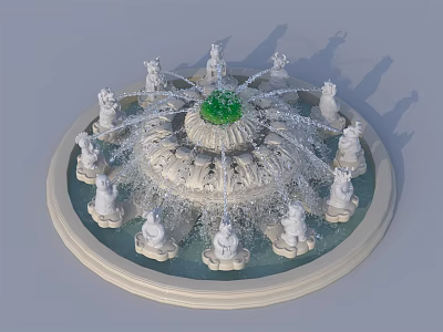 Elegant Garden Ornament Fountain with Surrounding White Statues and Central Green Top 3d model