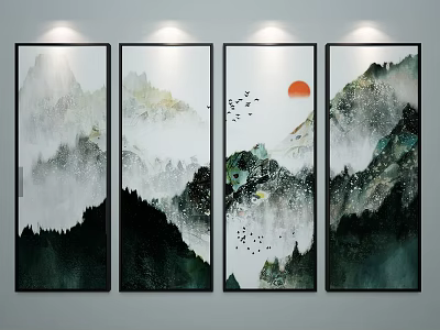 Four Panel Chinese Ink Wash Landscape Painting With Misty Mountains Flying Birds And Red Sun 3d model