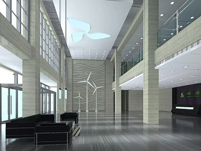 Modern Lobby Front Desk Reception Interior With Windmill Decor Glass Walls And Leather Sofas 3d model
