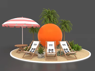Beach Scene With Pink White Striped Umbrella Palm Trees Orange Sphere Beach Chairs And Sand 3d model