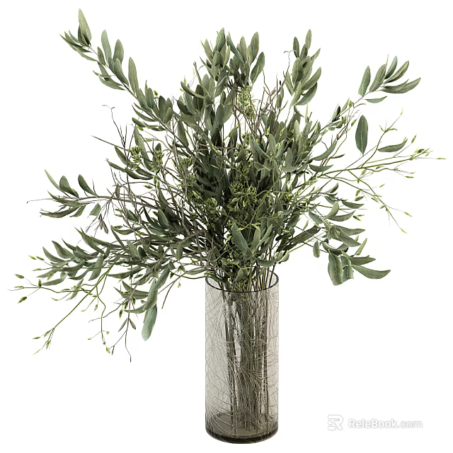 Transparent Mesh Vase With Lush Olive Branches And Green Foliage For Home Decor 3d model 