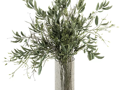 Transparent Mesh Vase With Lush Olive Branches And Green Foliage For Home Decor 3d model