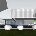 Modern Commercial Building Exterior With Glass Curtain Wall Metal Structure Water Pool And Greenery