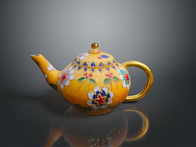 Decorative Yellow Teapot With Vibrant Floral Patterns And Golden Handle Spout 3d model