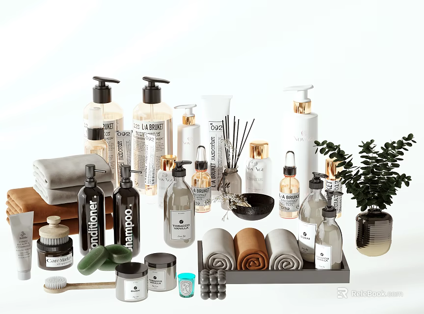 Stylish Bathroom Accessories Set With Toiletries Towels And Decor Items 3d model 