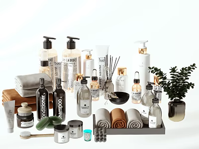 Stylish Bathroom Accessories Set With Toiletries Towels And Decor Items 3d model