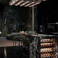 Modern Black Kitchen Interior With Marble Accents Wine Rack And Pendant Lights