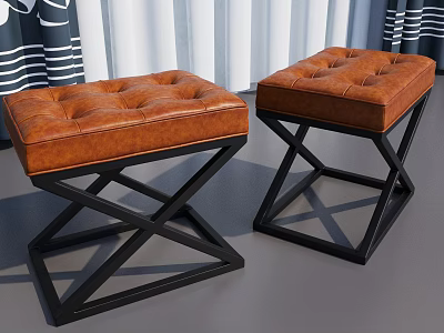 Two Brown Leather Tufted Ottoman Benches with Black X Shaped Metal Frame 3d model