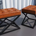 Two Brown Leather Tufted Ottoman Benches with Black X Shaped Metal Frame