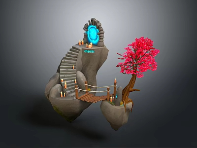 Floating Rock Structure With Stone Stairs Glowing Blue Device Wooden Bridge Red Tree And Torches 3d model