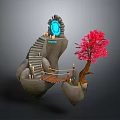 Floating Rock Structure With Stone Stairs Glowing Blue Device Wooden Bridge Red Tree And Torches