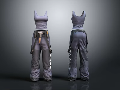 Gray Tank Top And Cargo Pants With Utility Belt And Tool Pouch Design 3d model