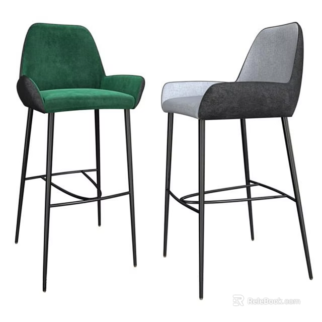 Modern Green And Gray Velvet Upholstered Bar Stools With Black Metal Legs Design 3d model 