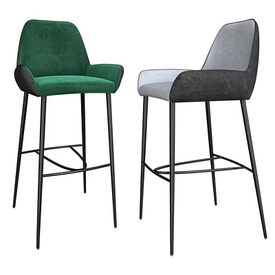 Modern Green And Gray Velvet Upholstered Bar Stools With Black Metal Legs Design 3d model