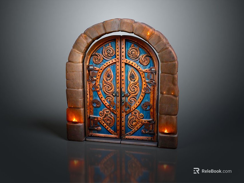 Arched Wooden Gate With Stone Frame Blue Copper Design Carved Patterns And Lit Wall Lamps 3d model 