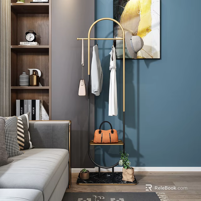 Modern Stylish Metal Clothes Rack With Hanging Clothes Handbag And Green Plant In Living Room 3d model 