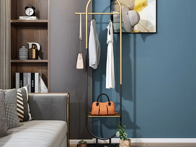 Modern Stylish Metal Clothes Rack With Hanging Clothes Handbag And Green Plant In Living Room 3d model