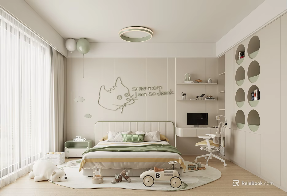 Kids Room Interior With Bed Green Pillows Cartoon Whale Wall Art And Toy Car 3d model 