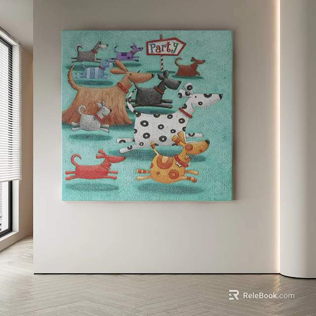 Abstract Painting Featuring Playful Dogs And Party Sign With Vibrant Colors 3d model 