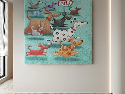 Abstract Painting Featuring Playful Dogs And Party Sign With Vibrant Colors 3d model
