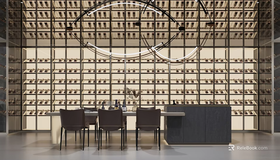 Wine Cellar Interior With Wine Racks Filled Wine Bottles Central Table And Circular Ceiling Lights 3d model 