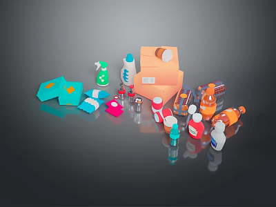 Assorted Food Packaging Bottles Containers And Sprays On Reflective Surface 3d model