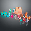 Assorted Food Packaging Bottles Containers And Sprays On Reflective Surface 3d model