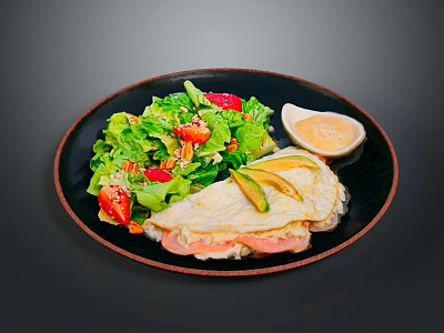 Fresh Healthy Food Plate With Lettuce Salad Strawberry Slices Omelet Rice Ham And Sauce 3d model