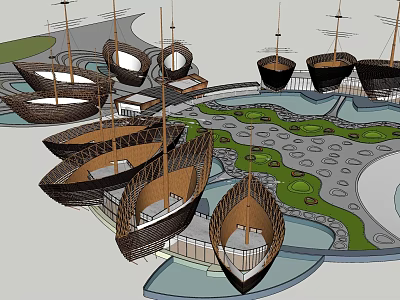 Unique Modern Entrance Gate Design With Boat Shaped Structures Water Features And Green Lawns 3d model
