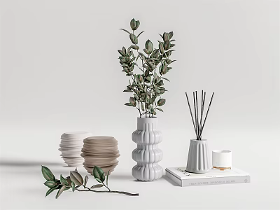 Modern Decorative Ornament Set with Green Foliage Stacked Bowls Vases Reed Diffusers and Candles 3d model