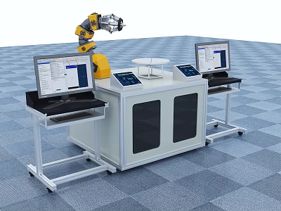 Advanced Industrial Equipment Setup With Robotic Arm And Control Consoles 3d model
